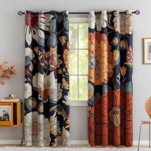 2 Panels Black Boho Floral 100% Blackout Curtains 52x84